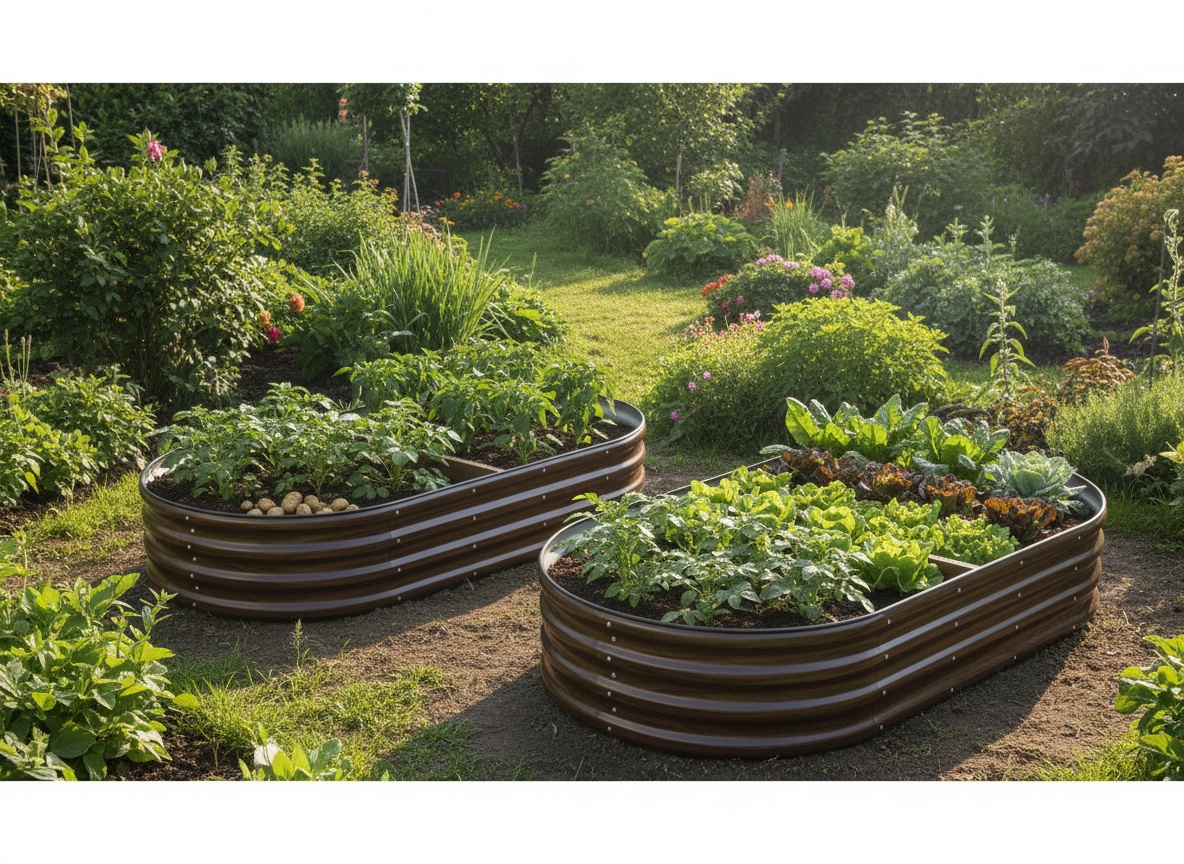 Two brown oval metal raised garden beds integrated into a planted backyard garden setting