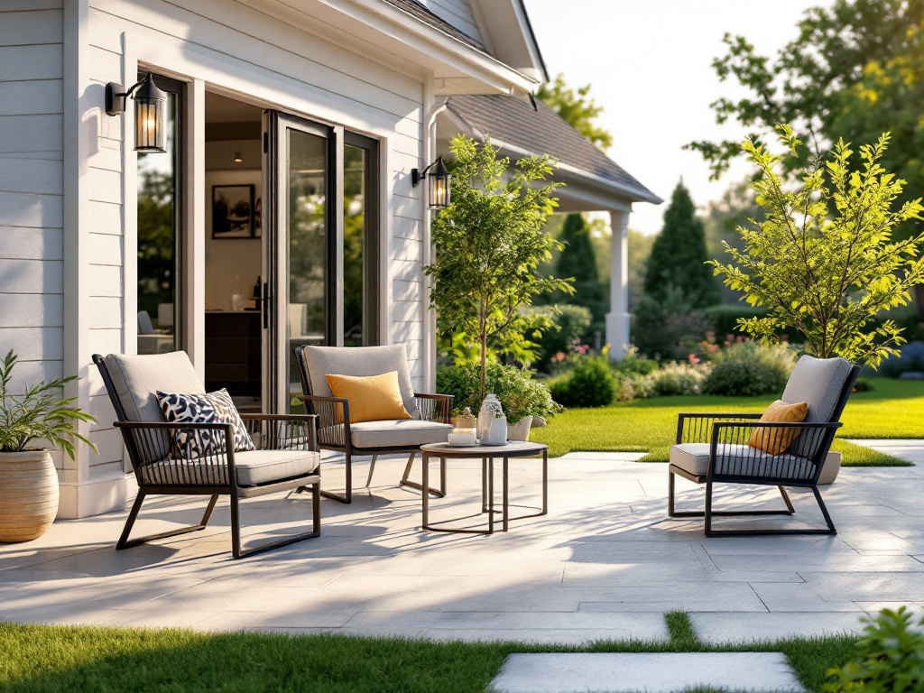 7-piece aluminum outdoor furniture set arranged on a patio in a backyard garden setting with natural afternoon light
